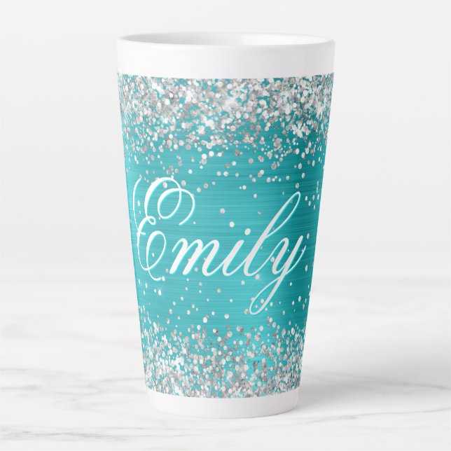 Caneca De Café Latte Pessoal Prateado Brilho Turquesa Azul Folha (Frente)