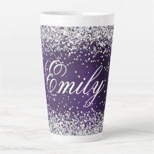 Caneca De Café Latte Pessoal Prateado Brilho Violeta Escuro Folha