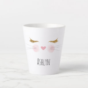 Caneca De Café Latte Pestana com Brilho Dourado Nariz Rosa Rosto de Gat