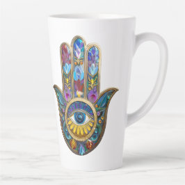Caneca De Café Latte Pétalas Coloridas Folhas Hamsa Safira Terceiro Olh