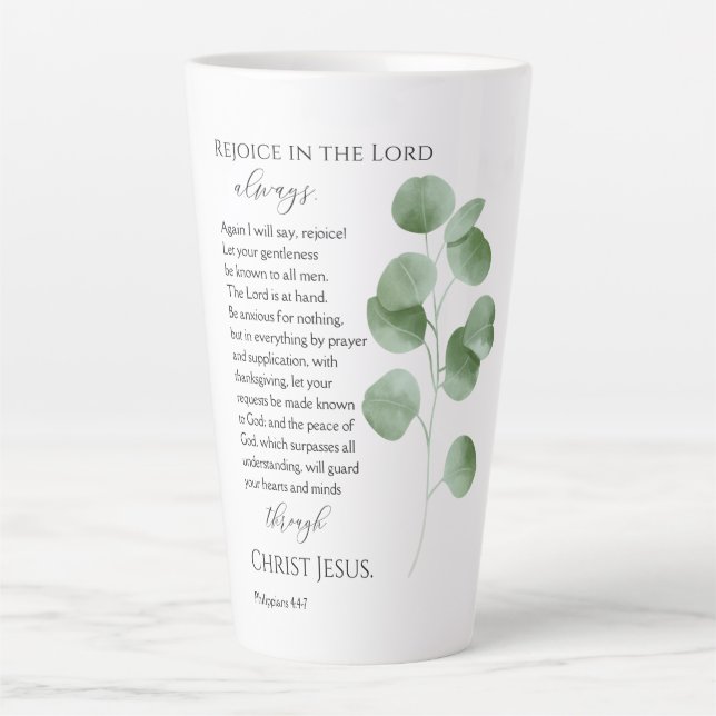 Caneca De Café Latte Philippians 4:4-7 Eucalyptus Leaf Bíblia Verse (Frente)