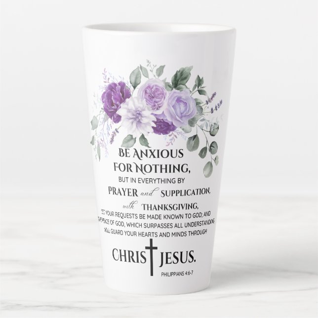 Caneca De Café Latte Philippians 4:6-7 Escritura Flor Roxo (Frente)