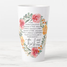 Caneca De Café Latte Philippians 4:8 Floral Wreath rosa e amarelo