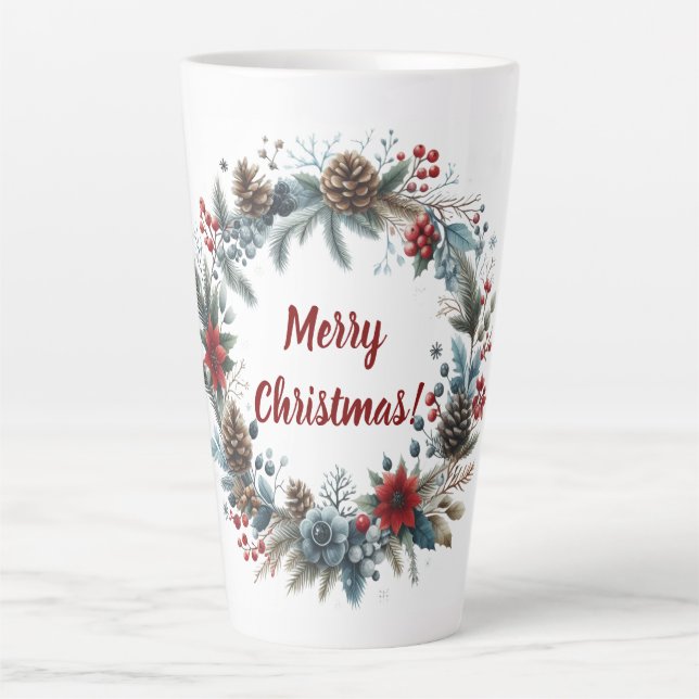 Caneca De Café Latte Pine de inverno Floral Cones Wreath (Frente)