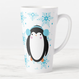 Caneca De Café Latte Pinguim-branco-de-inverno e flocos de neve