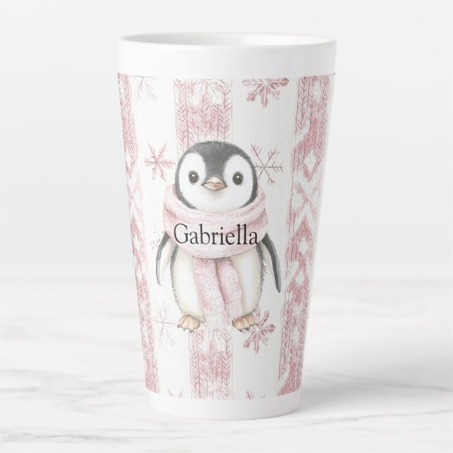 Caneca De Café Latte Pinguim Rosa Flocos de Neve Natal (Frente)