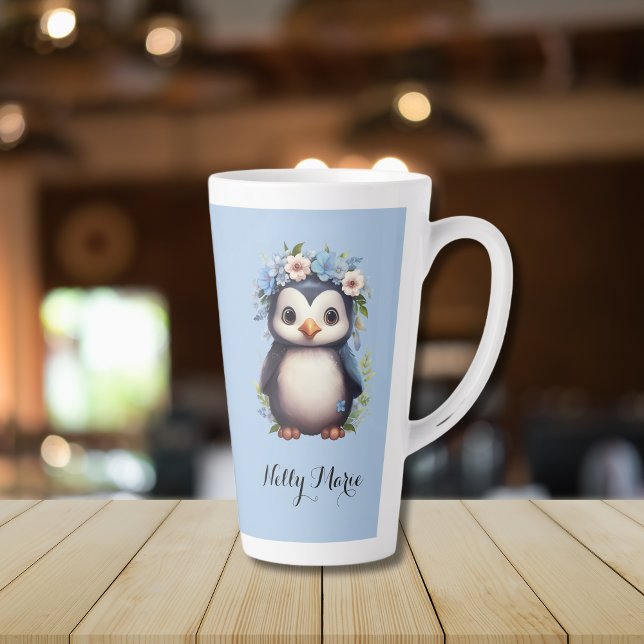 Caneca De Café Latte Pinguins de Cubo Azul Nome Personalizado e Iniciai (Penguins latte mug, custom monogram initials or name bilingual text, Multilingual project)