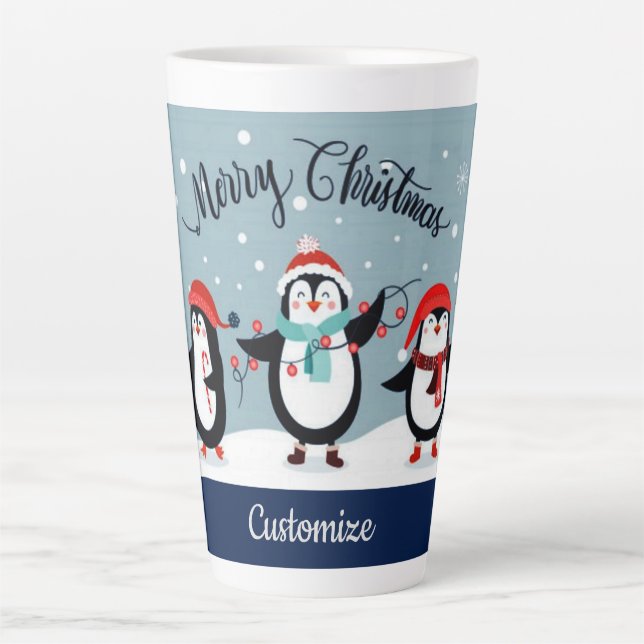 Caneca De Café Latte Pinguins de Feriado Cugado Personalizados (Frente)