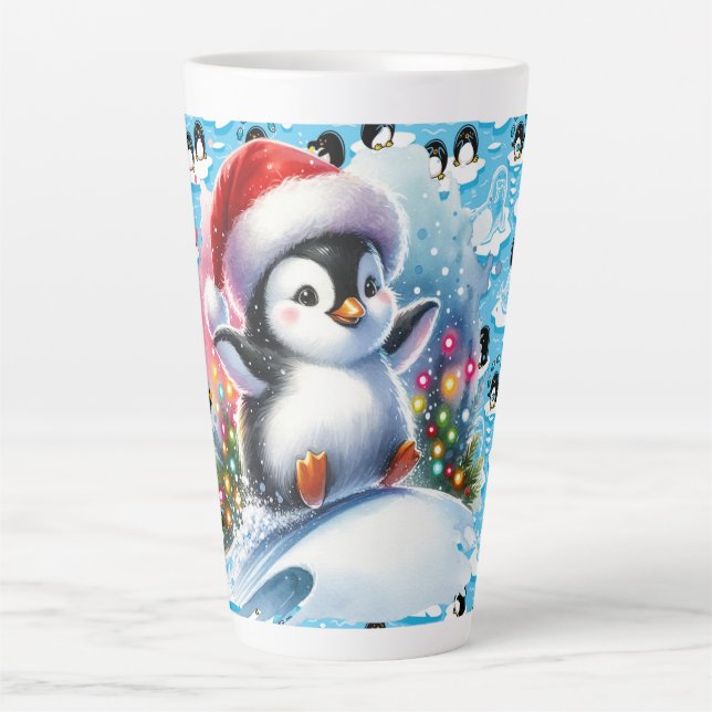 Caneca De Café Latte Pinguins Travessos de Inverno (Frente)
