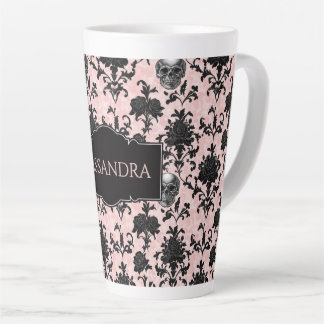 Caneca De Café Latte Pink and Black Goth Skulls and Roses Personalized 