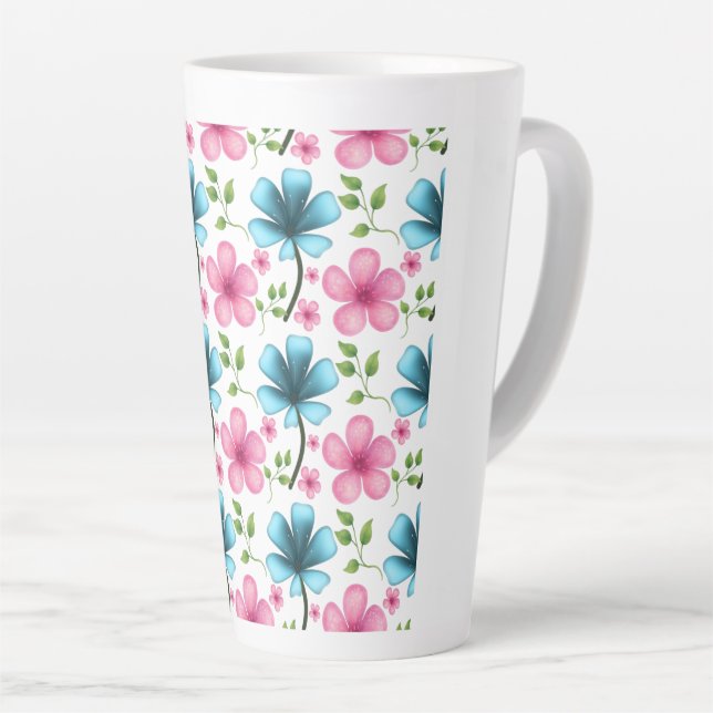 Caneca De Café Latte Pink & Blue Floral Seamless Pattern (Ângulo direito)
