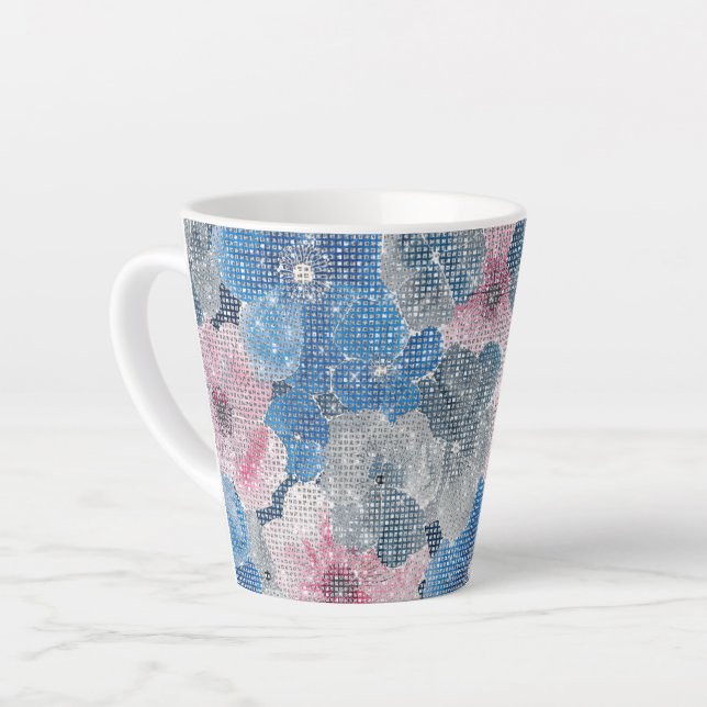 Caneca De Café Latte Pink Blue Flowers Sparkle (Ângulo esquerdo)