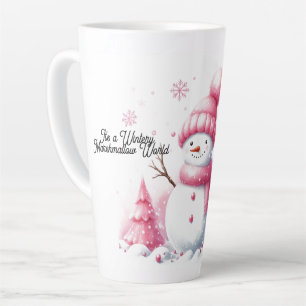Caneca De Café Latte Pink Christmas Snowman Marshmallow World