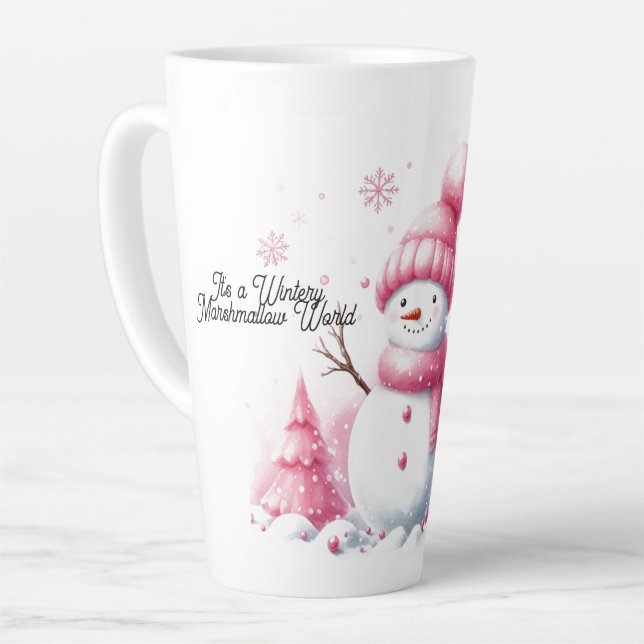 Caneca De Café Latte Pink Christmas Snowman Marshmallow World (Ângulo esquerdo)