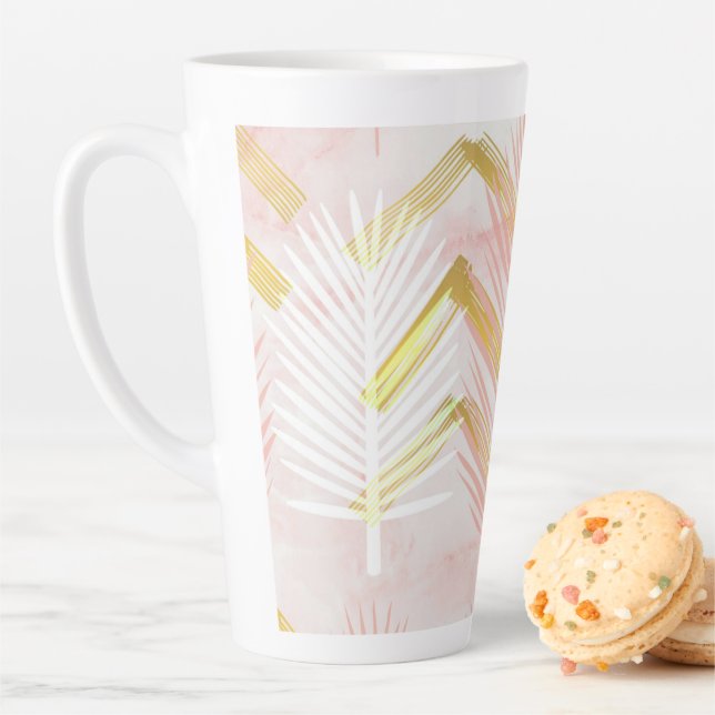Caneca De Café Latte Pink & Gold Botanical Palm Leaves (In Situ)