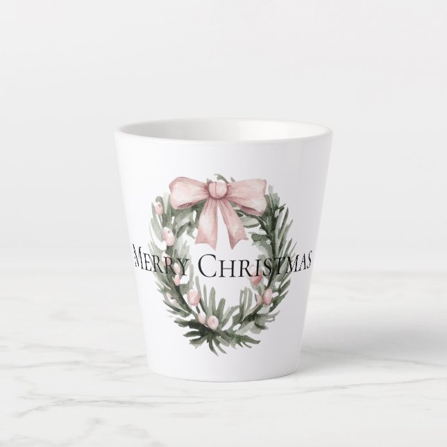 Caneca De Café Latte Pink Green Wreath Natal (Frente)
