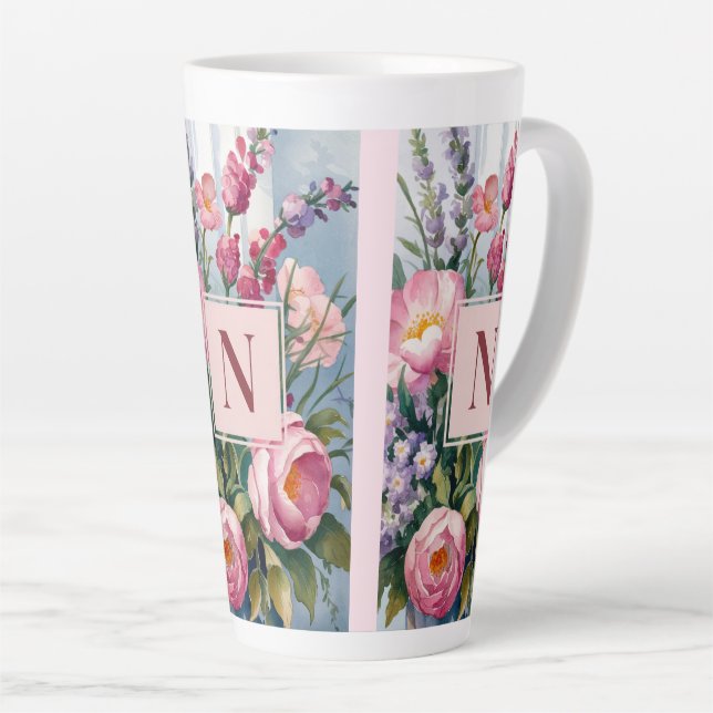 Caneca De Café Latte Pink Lavender Flowers Modern Watercolor  (Ângulo direito)