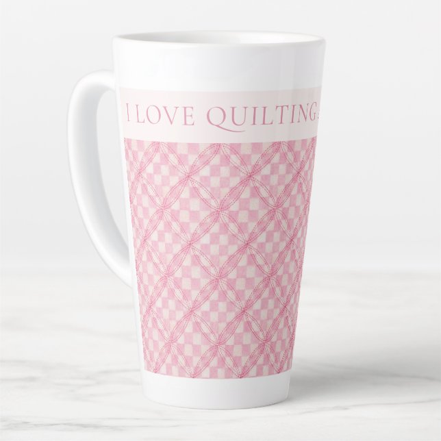 Caneca De Café Latte PINK VERIFIQUE QUILT Tall Latte Mug + Text / Blush (Ângulo esquerdo)