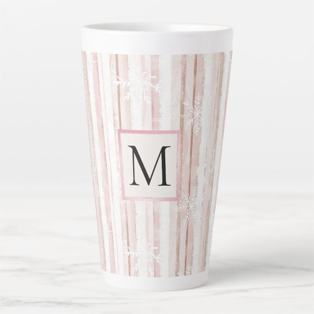 Caneca De Café Latte Pink White Snowflakes Stripes Monogram (Frente)