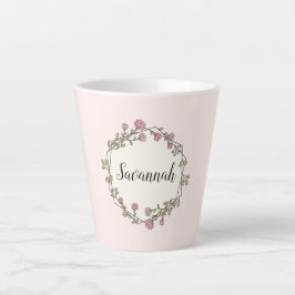 Caneca De Café Latte Pink Wildflower Wreath Nome Personalizado Monogram