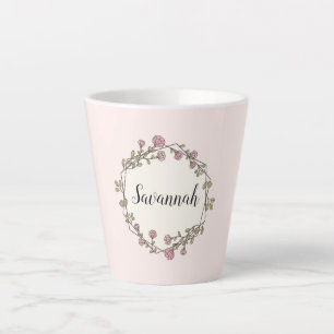 Caneca De Café Latte Pink Wildflower Wreath Nome Personalizado Monogram
