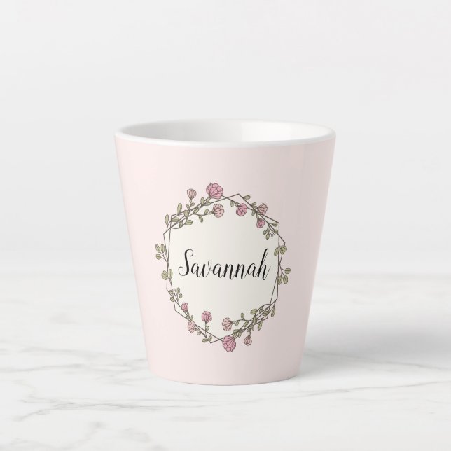 Caneca De Café Latte Pink Wildflower Wreath Nome Personalizado Monogram (Frente)