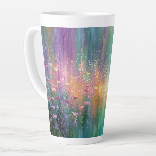 Caneca De Café Latte Pintura Floral Abstrata com Cores Vibrantes (Ângulo esquerdo)