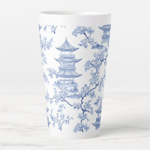 Caneca De Café Latte PixDezine Azul Chinoiserie Pagodes Flor de Cerejei