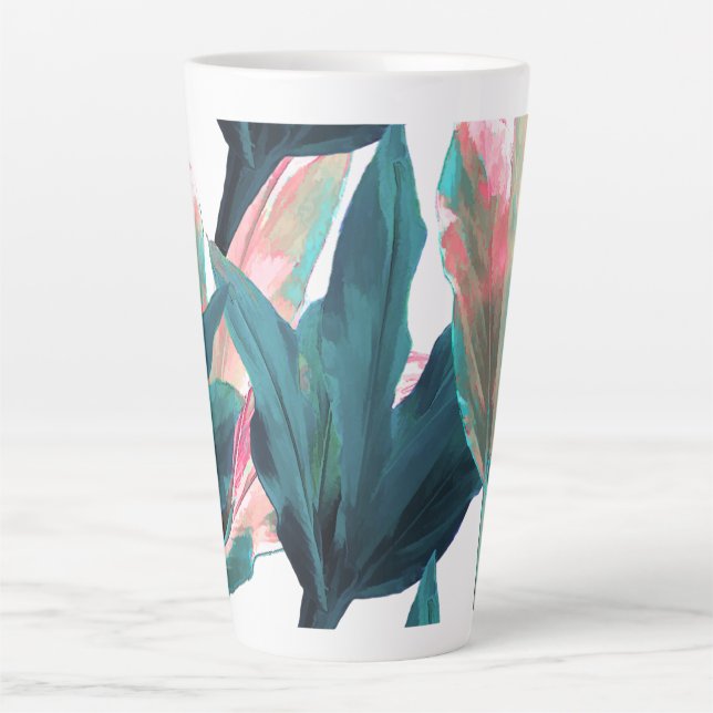 Caneca De Café Latte PixDezines Dark Teal+Pink Ti Leaves (Frente)