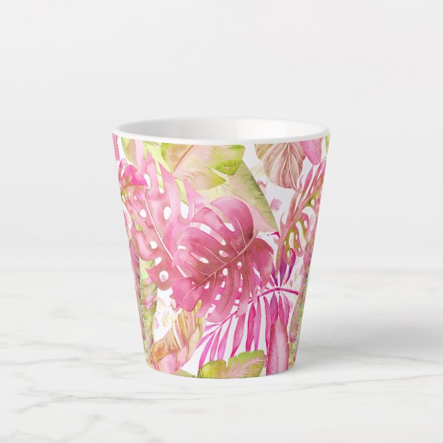 Caneca De Café Latte PixDezines Folhagem Verde Rosa da Selva Havaiana (Frente)