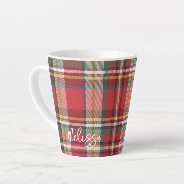 Caneca De Café Latte Plaid Rústico Natal Personalizado Script (Ângulo esquerdo)