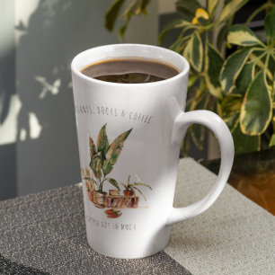 Caneca De Café Latte Plantas, Livros & Café Ilustração em Aquarela
