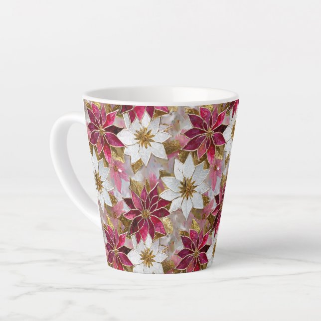 Caneca De Café Latte Poinsettias de Natal Rosa Douradas Brancas (Ângulo esquerdo)