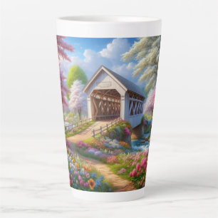 Caneca De Café Latte Ponte e rio cobertos floral/primavera colorida
