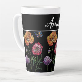 Caneca De Café Latte Poppies Chique Vermelho Flores Pretas