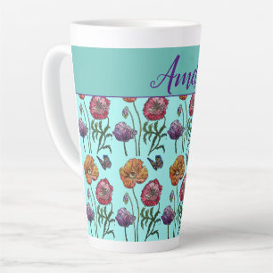 Caneca De Café Latte Poppies Chiques Vermelhos Flores Aqua 