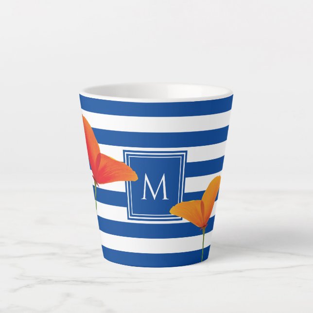 Caneca De Café Latte Poppy Blue Stripes Monograma (Frente)