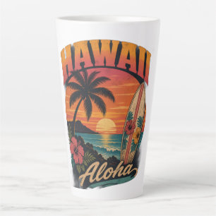Caneca De Café Latte Pôr-do-sol havaiano vintage palmeiras pranchas de
