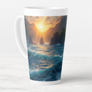 Caneca De Café Latte Pôr do Sol Montanha Costeira Natureza Dourada Oceâ