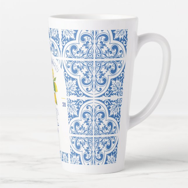 Caneca De Café Latte Portugal Wedding Mug | Azulejos azuis e limões Ele (Direita)