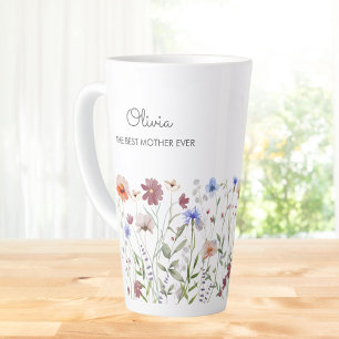 Caneca De Café Latte Prado de Flores Silvestres Coloridas com Monograma