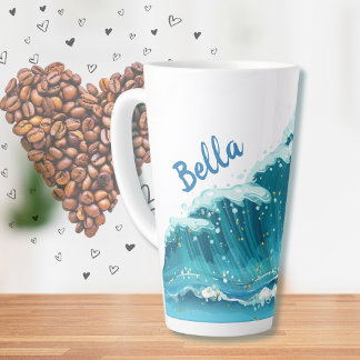 Caneca De Café Latte Praia Onda Pacífica Azul e Brilho