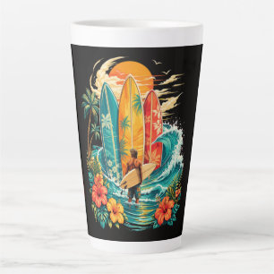 Caneca De Café Latte Prancha de Surf da Onda da Praia Havaiana Vintage