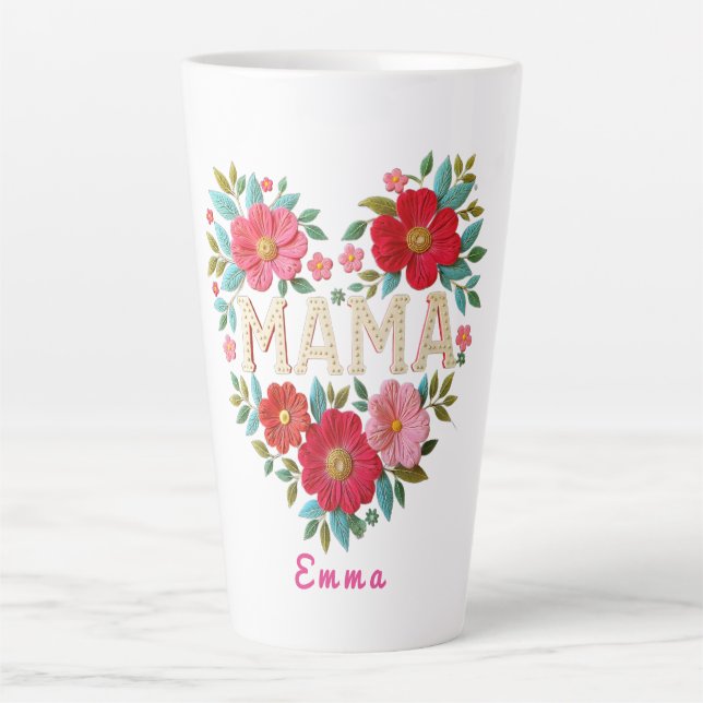 Caneca De Café Latte Presente Personalizado Floral Coração de Mamãe (Frente)