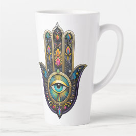 Caneca De Café Latte Preto Colorido Hamsa de Ouro c/ Terceiro Olho Turq