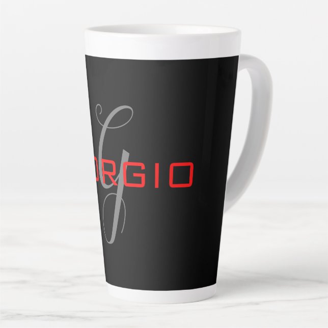 Caneca De Café Latte Preto Vermelho Seu Nome Monograma Inicial Moderno (Ângulo direito)