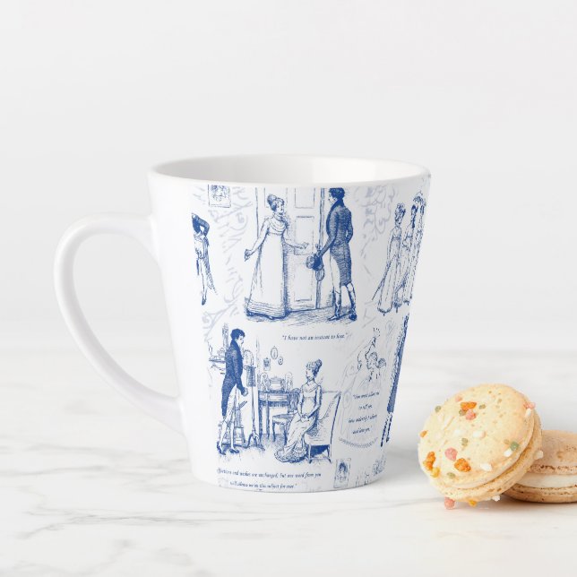 Caneca De Café Latte Pride and Prejudice Blue Toile Quotes (In Situ)