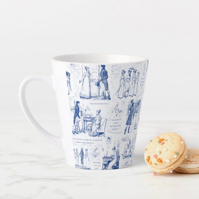 Caneca De Café Latte Pride and Prejudice Blue Toile Quotes (In Situ)