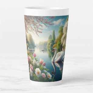 Caneca De Café Latte Primavera do lago de swan floral