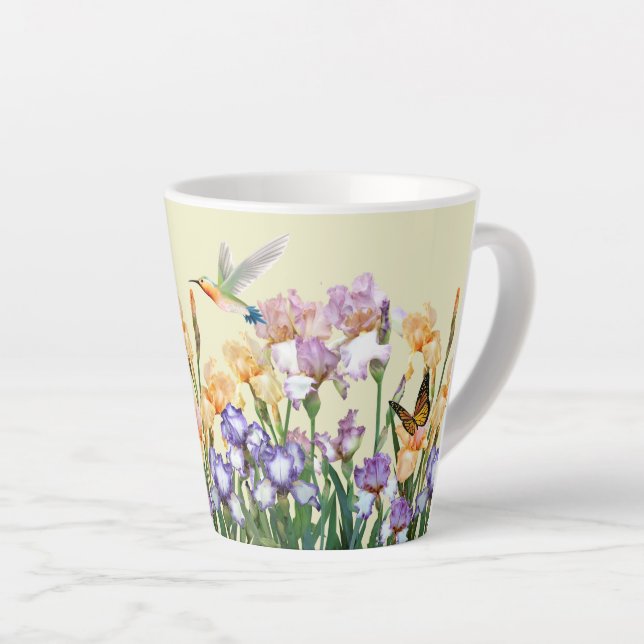 Caneca De Café Latte Primavera Irisa Jardim do Hummingbird e Borboleta (Ângulo direito)